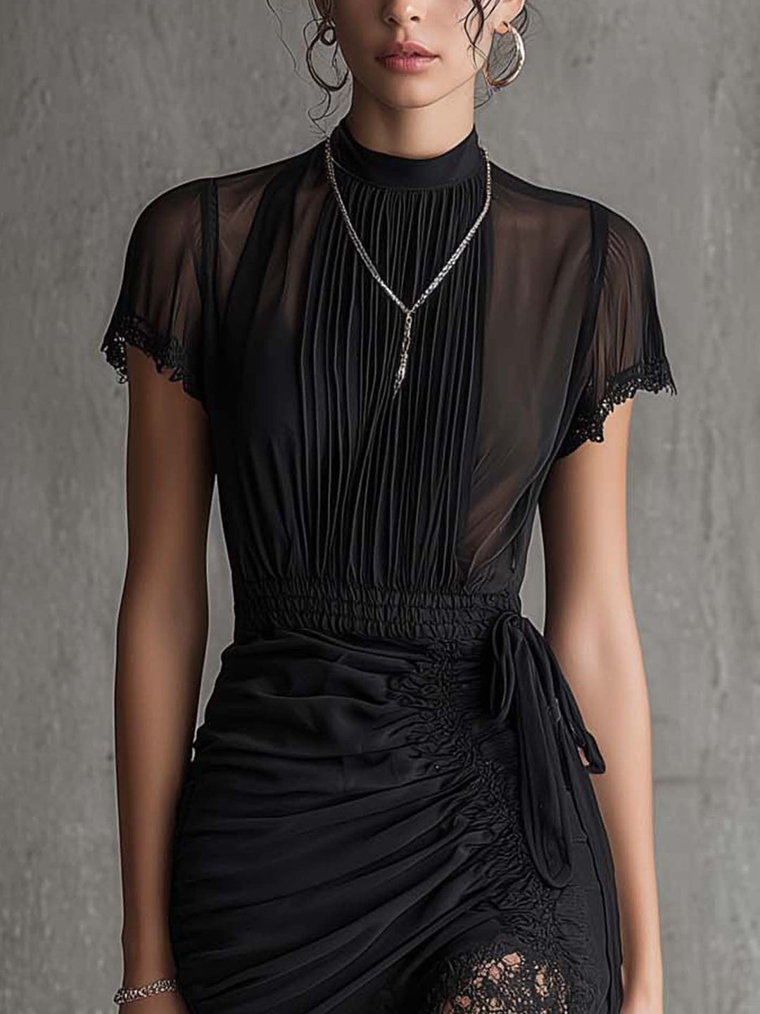 Black Chiffon Pleated Mini Dress with Lace