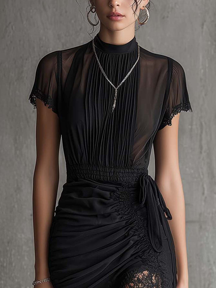 Black Chiffon Pleated Mini Dress with Lace