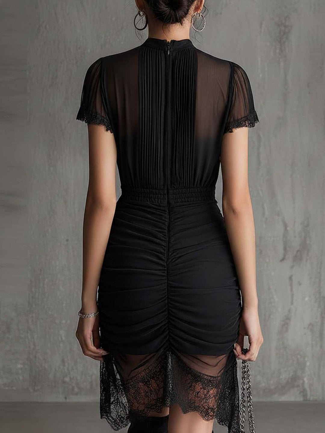 Black Chiffon Pleated Mini Dress with Lace