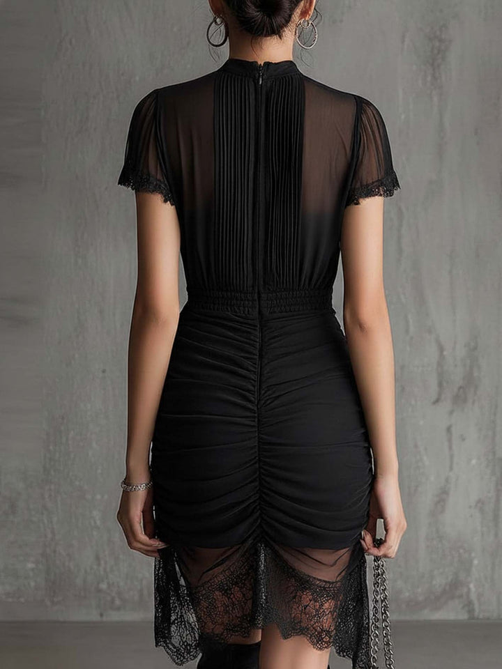 Black Chiffon Pleated Mini Dress with Lace