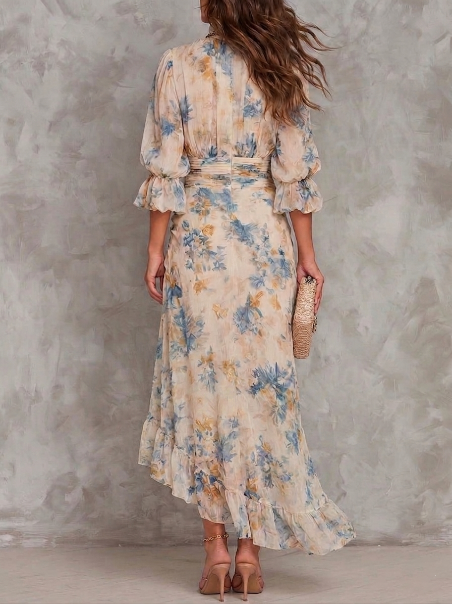 Irregular Maxi Dress in Chiffon with Floral Print and High Neck Beige