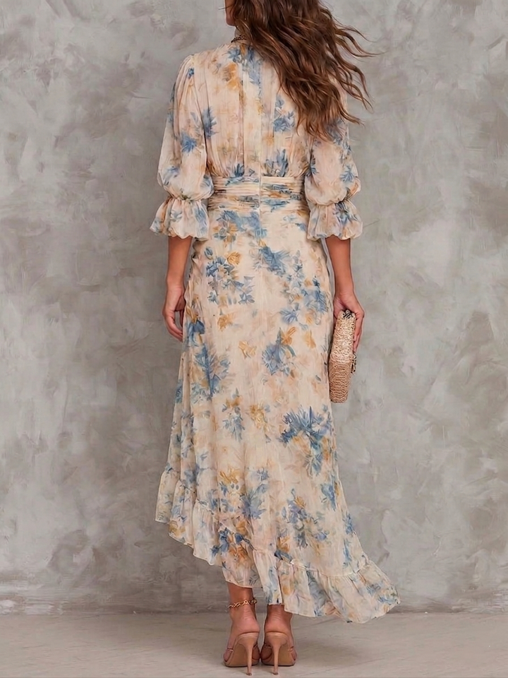 Irregular Maxi Dress in Chiffon with Floral Print and High Neck Beige
