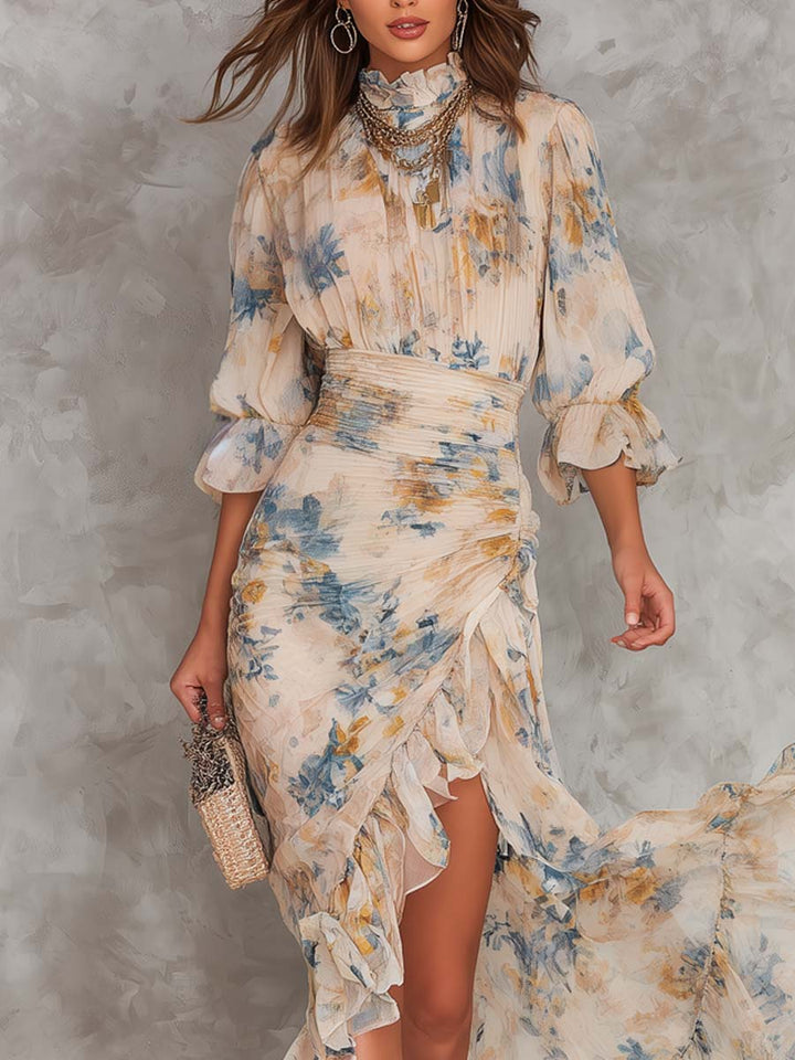 Irregular Maxi Dress in Chiffon with Floral Print and High Neck Beige