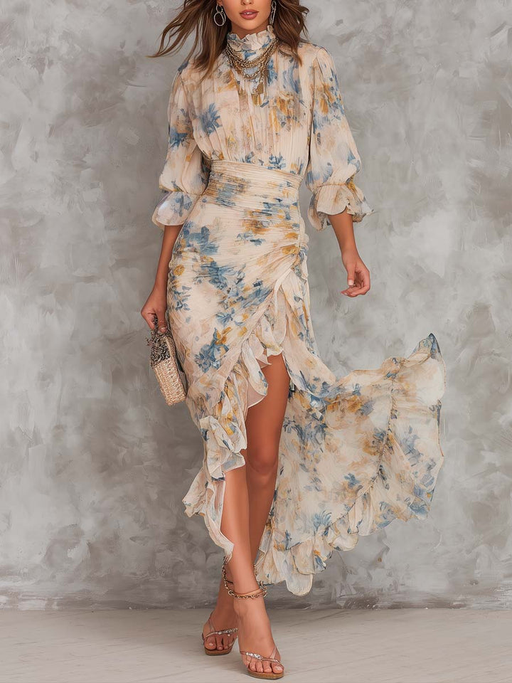 Irregular Maxi Dress in Chiffon with Floral Print and High Neck Beige
