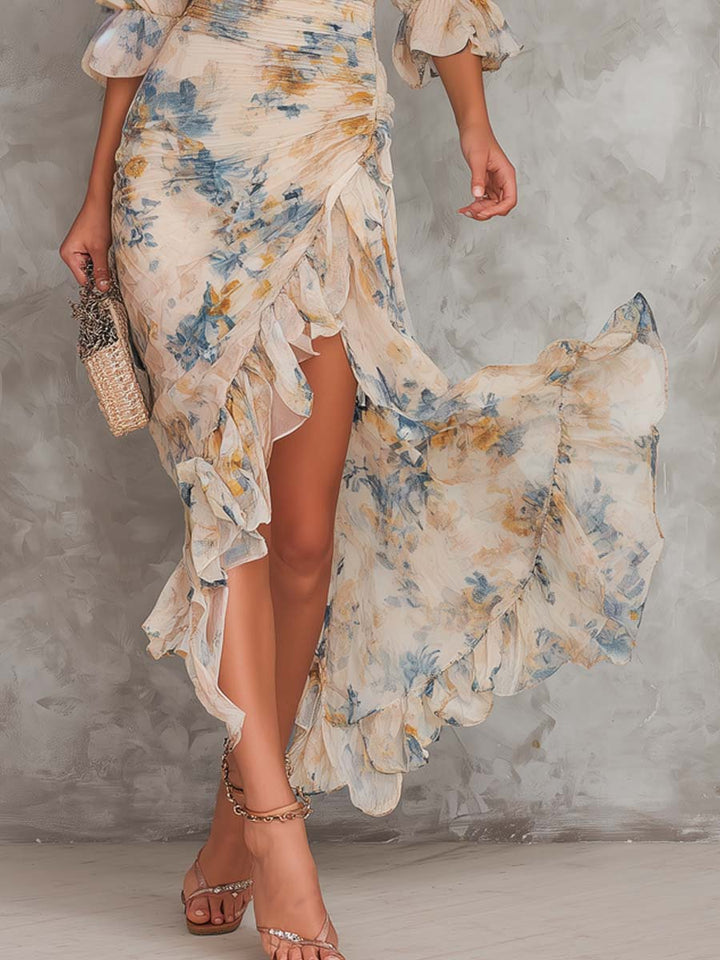Irregular Maxi Dress in Chiffon with Floral Print and High Neck Beige