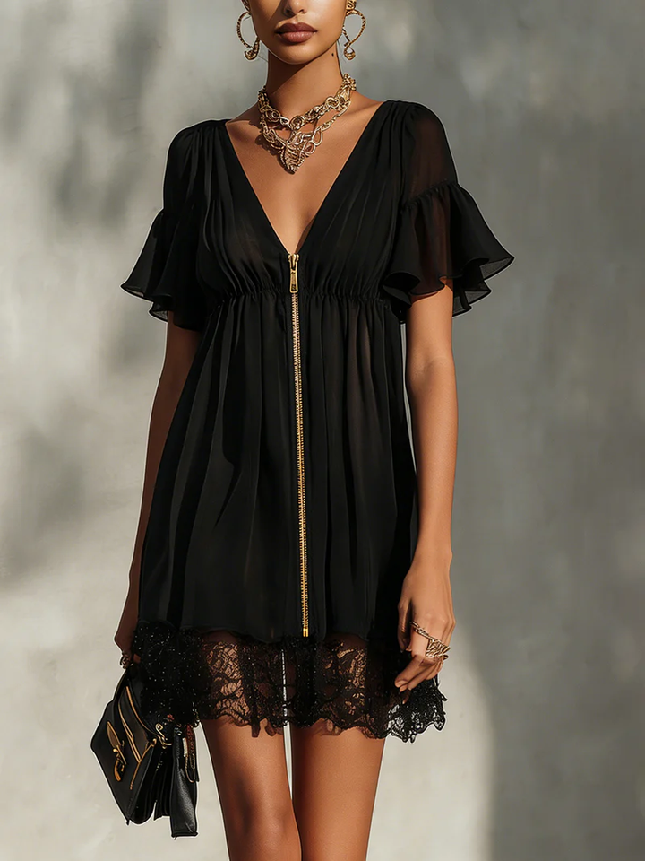 Black mini dress with lace trim, zip fastening, V-neck
