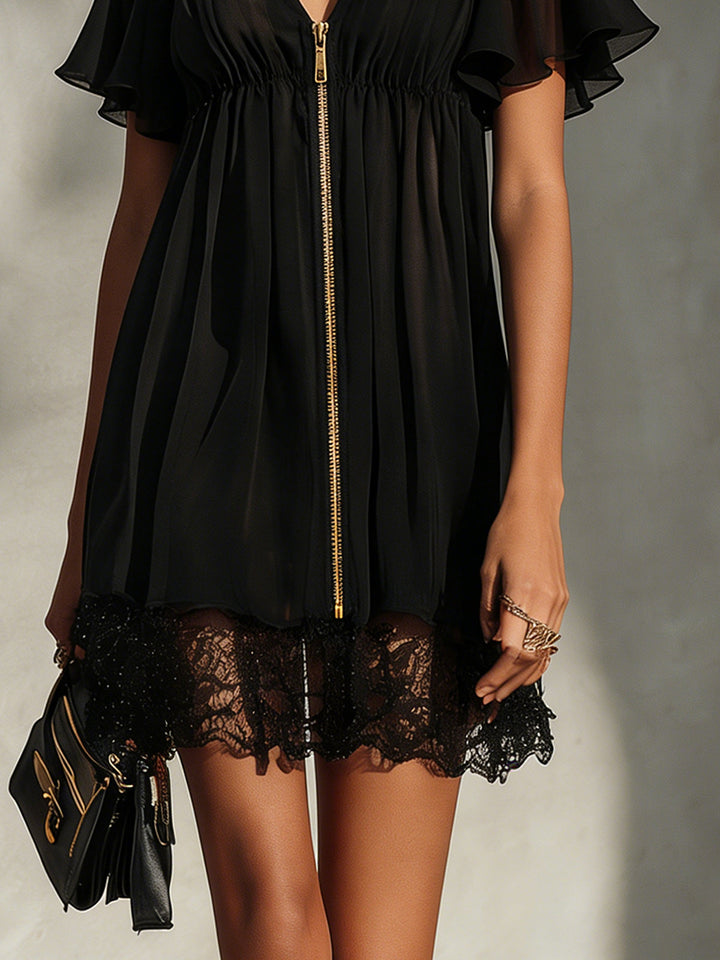 Black mini dress with lace trim, zip fastening, V-neck