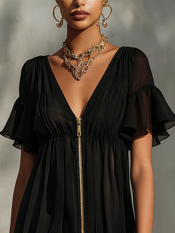 Black mini dress with lace trim, zip fastening, V-neck