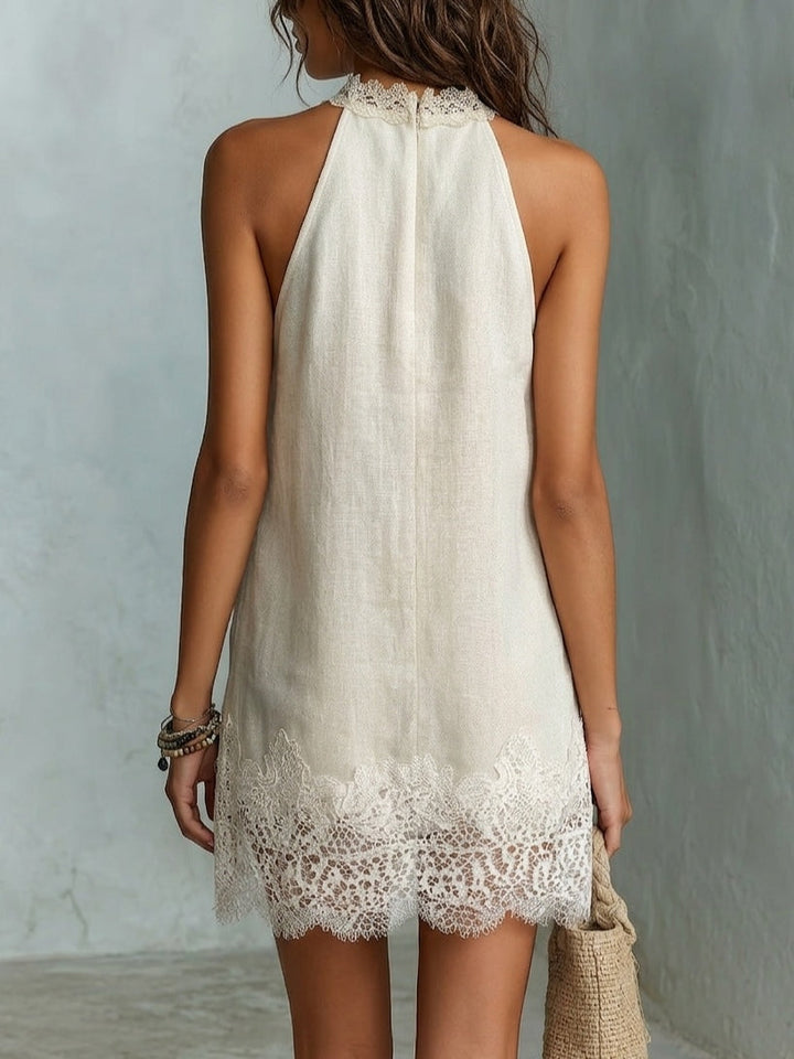 Stylish mini dress with a V-neck in lace in a shade of off-white