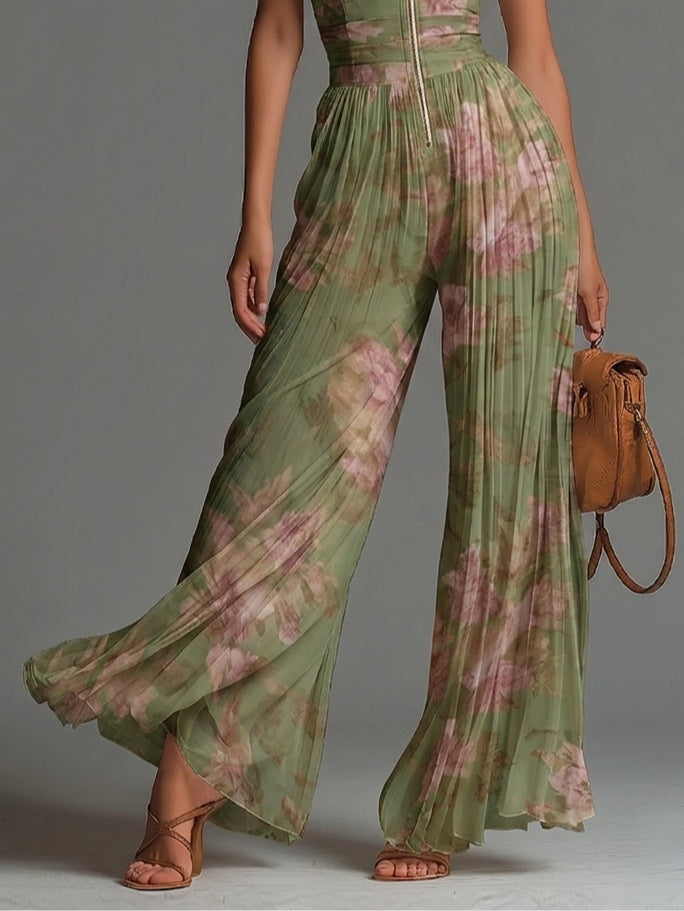 Green Floral Chiffon Jumpsuit with V-Neck, Sleeveless, Zip Fastening and Wide-Leg Trousers