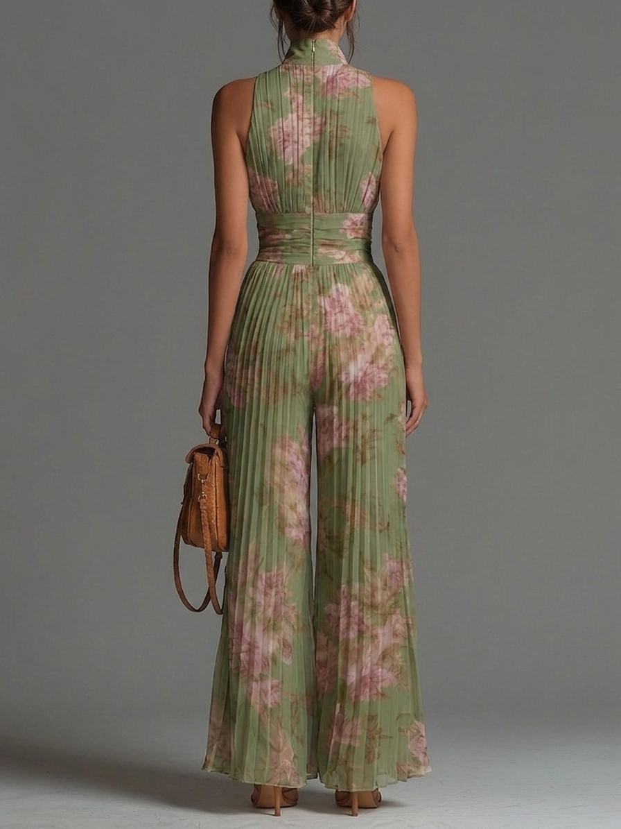 Green Floral Chiffon Jumpsuit with V-Neck, Sleeveless, Zip Fastening and Wide-Leg Trousers