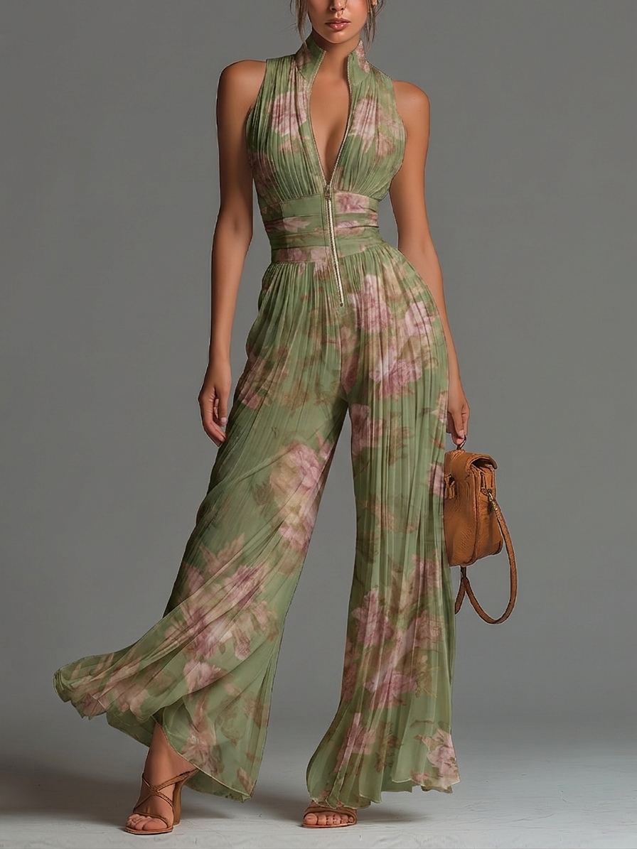 Green Floral Chiffon Jumpsuit with V-Neck, Sleeveless, Zip Fastening and Wide-Leg Trousers