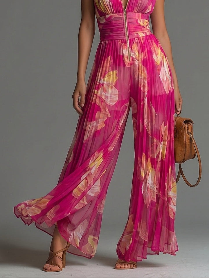 Sleeveless Pleated Chiffon Jumpsuit with Zip and Fuchsia Floral Print