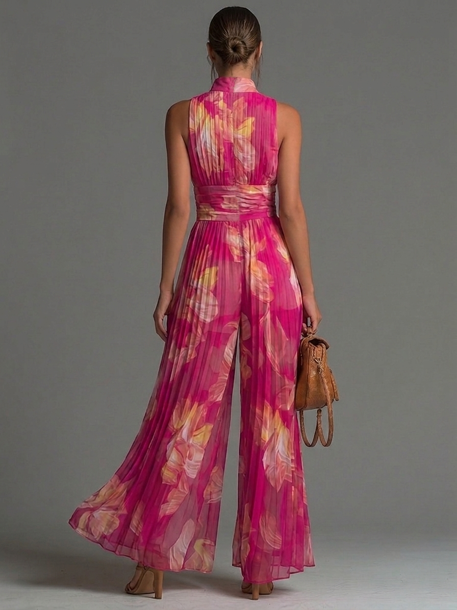 Sleeveless Pleated Chiffon Jumpsuit with Zip and Fuchsia Floral Print