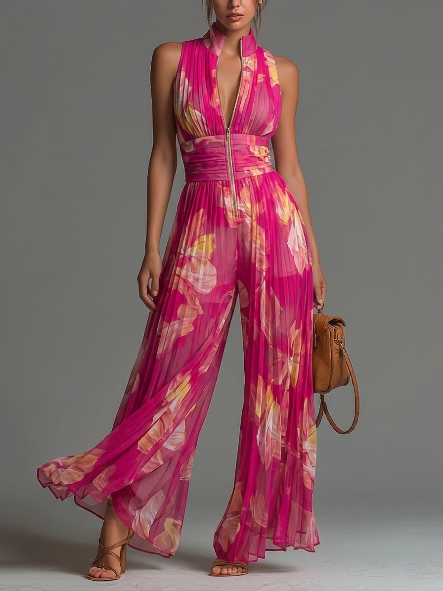 Sleeveless Pleated Chiffon Jumpsuit with Zip and Fuchsia Floral Print