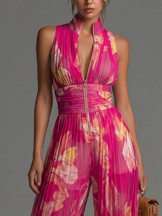 Sleeveless Pleated Chiffon Jumpsuit with Zip and Fuchsia Floral Print