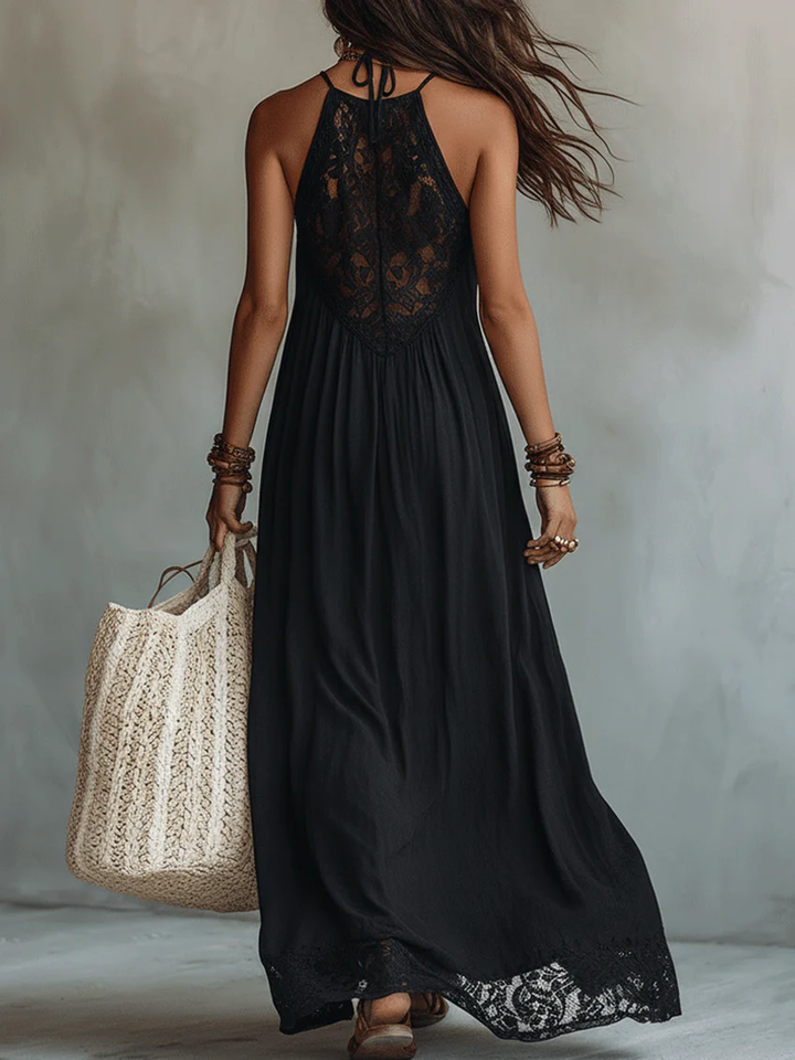 Black Sleeveless Maxi Bohemian Dress with Lace