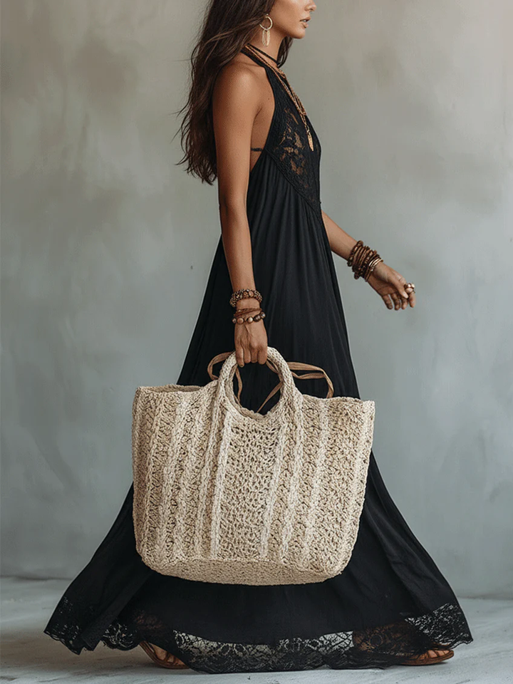 Black Sleeveless Maxi Bohemian Dress with Lace