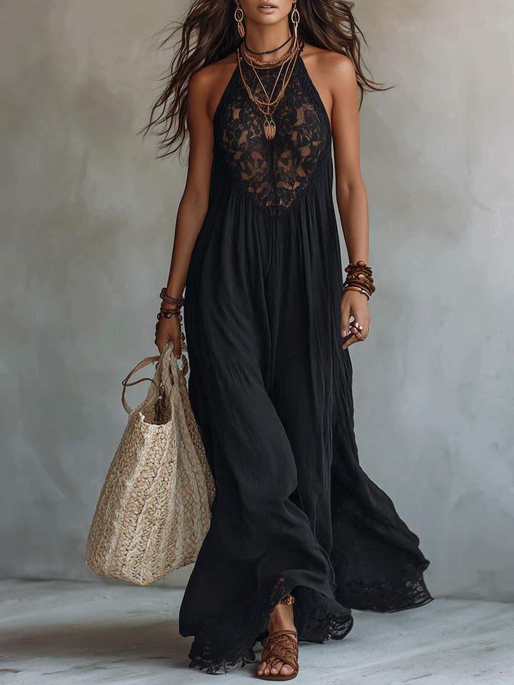 Black Sleeveless Maxi Bohemian Dress with Lace