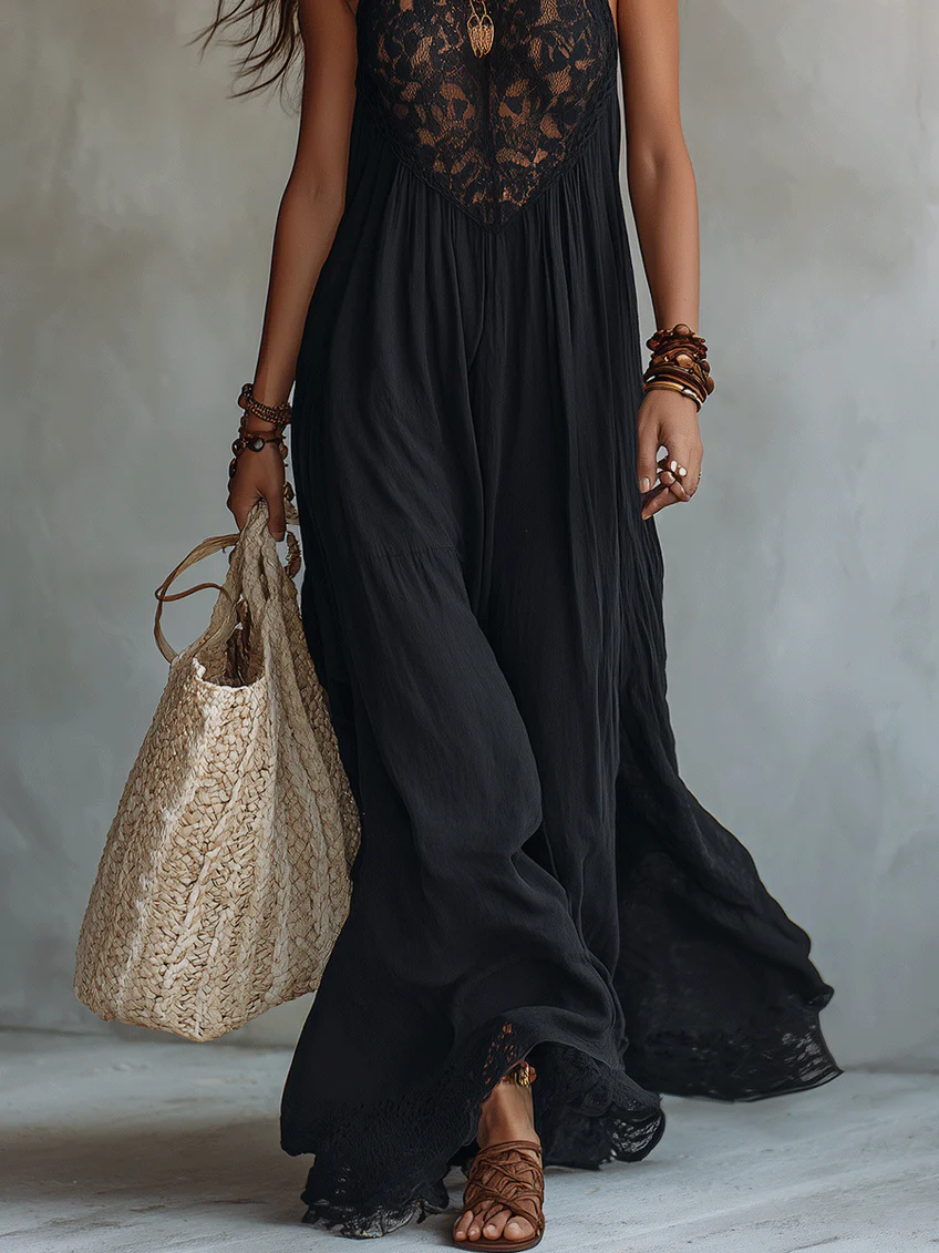 Black Sleeveless Maxi Bohemian Dress with Lace