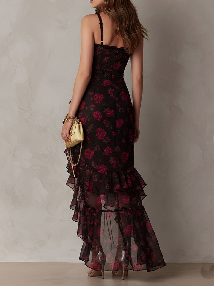 Chic Black and Red Dress with Ruffles and Ruffled Hem