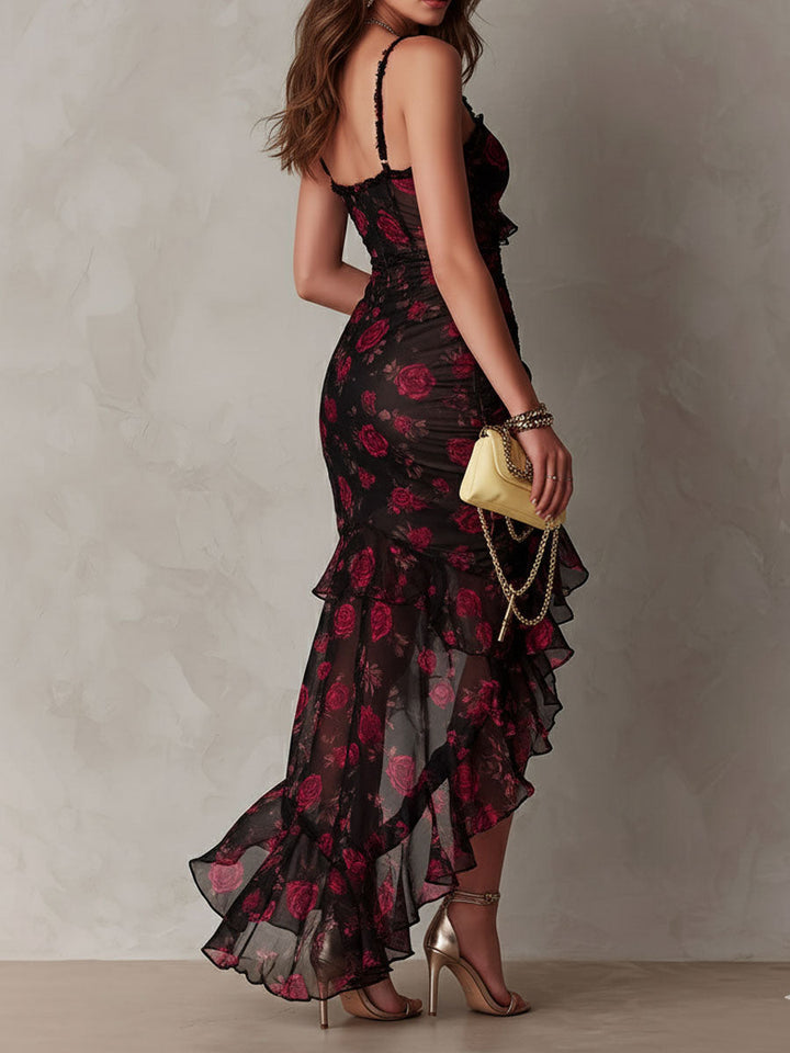 Chic Black and Red Dress with Ruffles and Ruffled Hem