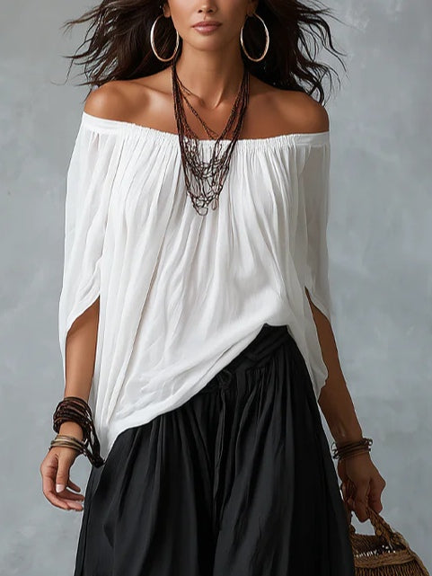 White Off-the-Shoulder Top and Loose-Fitting Lantern Trousers