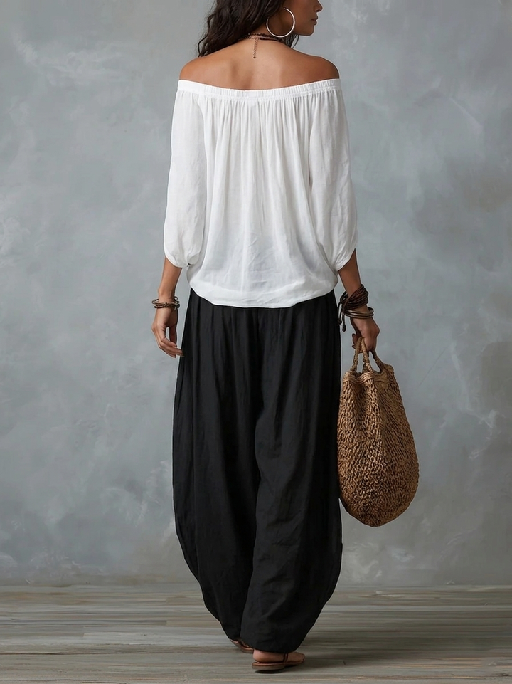 White Off-the-Shoulder Top and Loose-Fitting Lantern Trousers