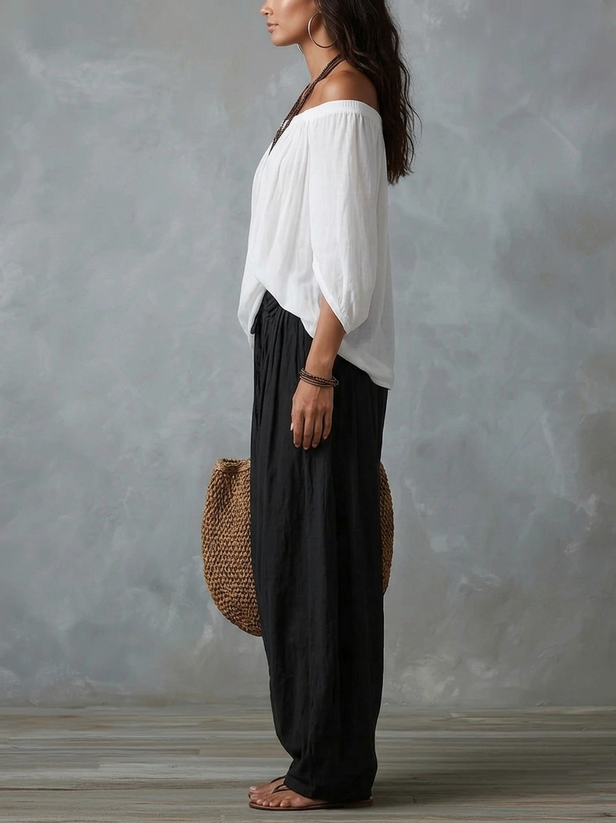 White Off-the-Shoulder Top and Loose-Fitting Lantern Trousers