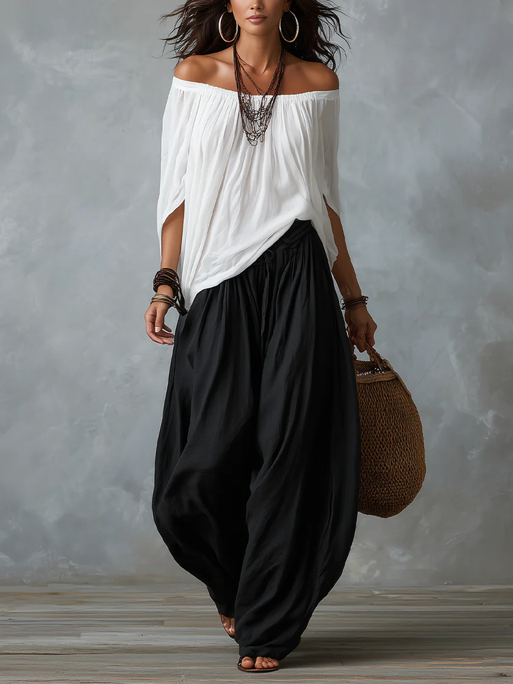 White Off-the-Shoulder Top and Loose-Fitting Lantern Trousers