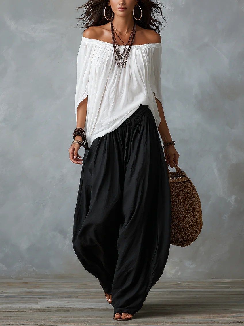 White Off-the-shoulder Top and Loose-fitting Lantern Pants Set