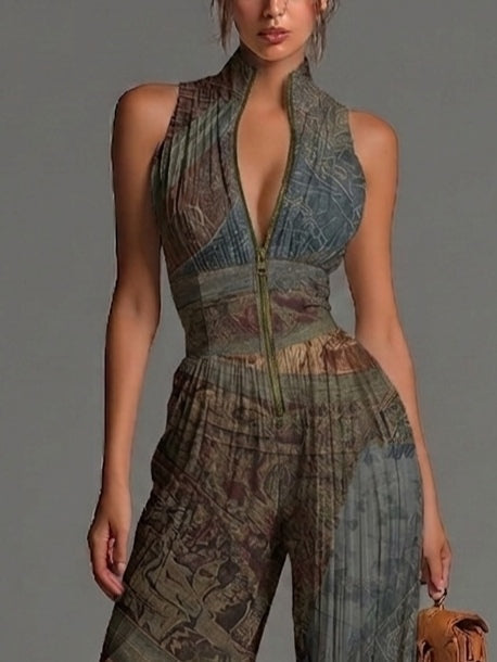 Sleeveless Chiffon Jumpsuit with Zip and Bohemian Ethnic Print