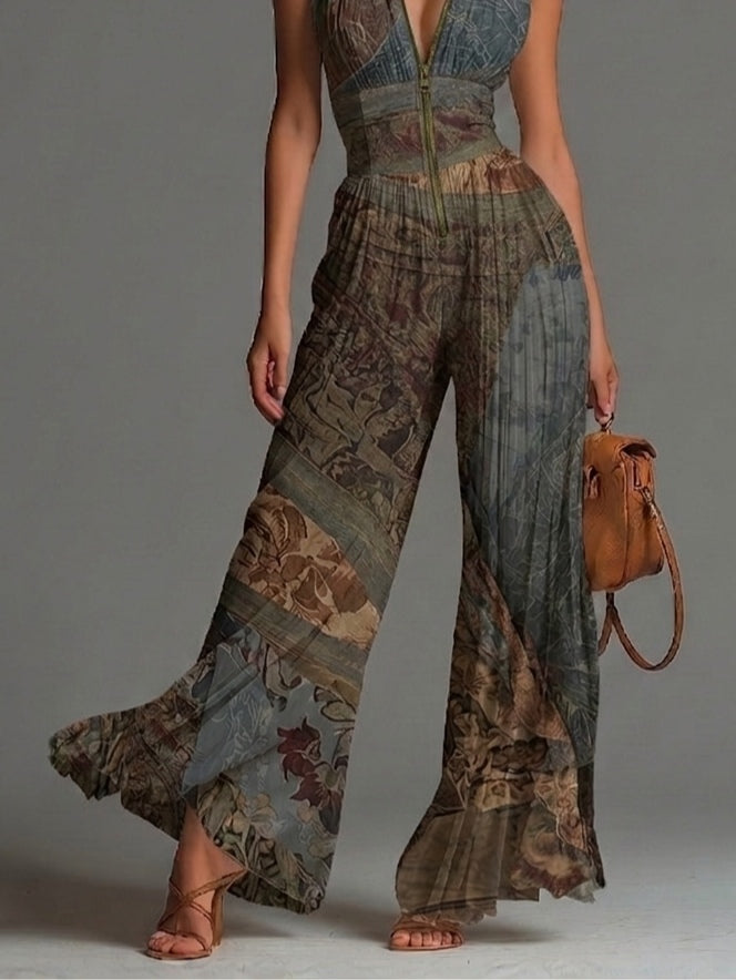 Sleeveless Chiffon Jumpsuit with Zip and Bohemian Ethnic Print