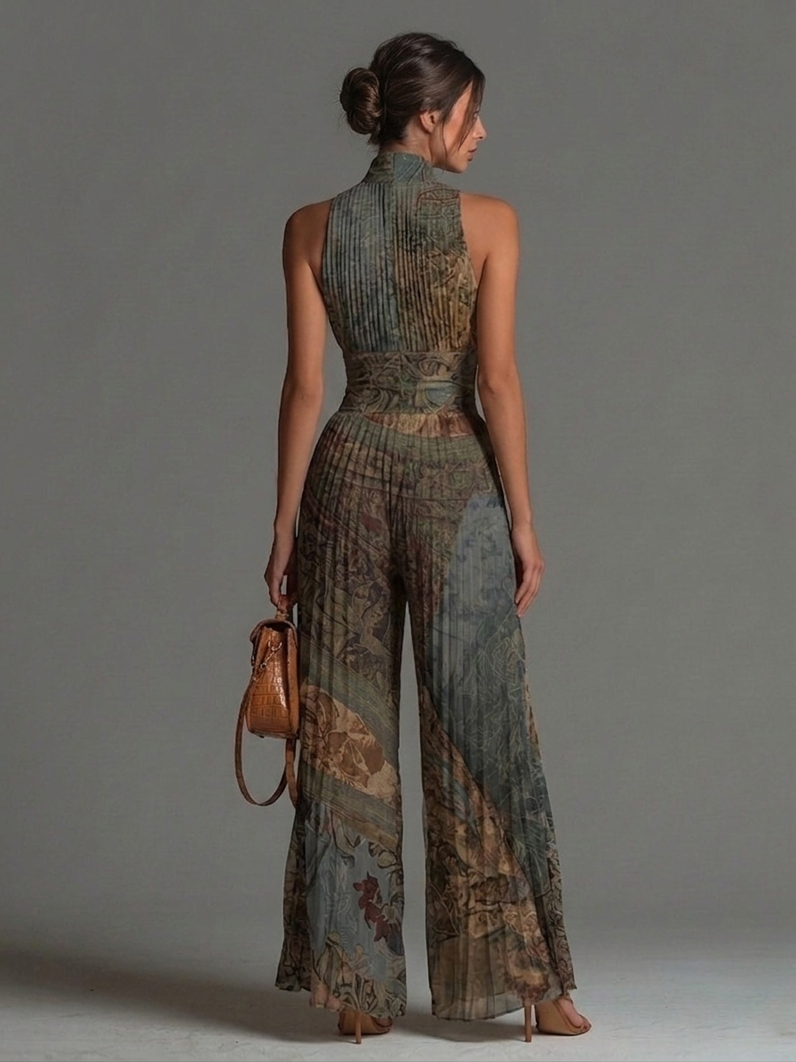 Sleeveless Chiffon Jumpsuit with Zip and Bohemian Ethnic Print