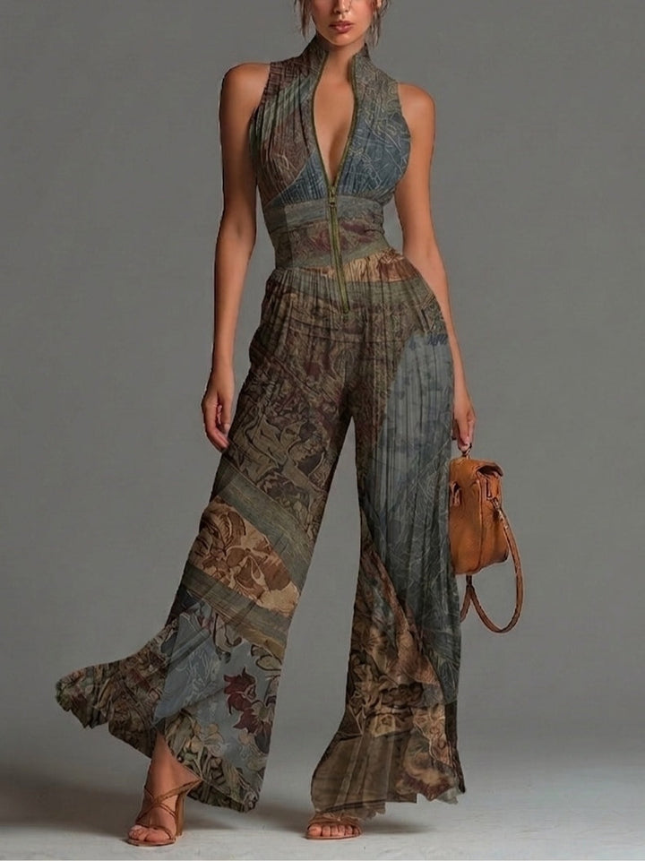 Sleeveless Chiffon Jumpsuit with Zip and Bohemian Ethnic Print