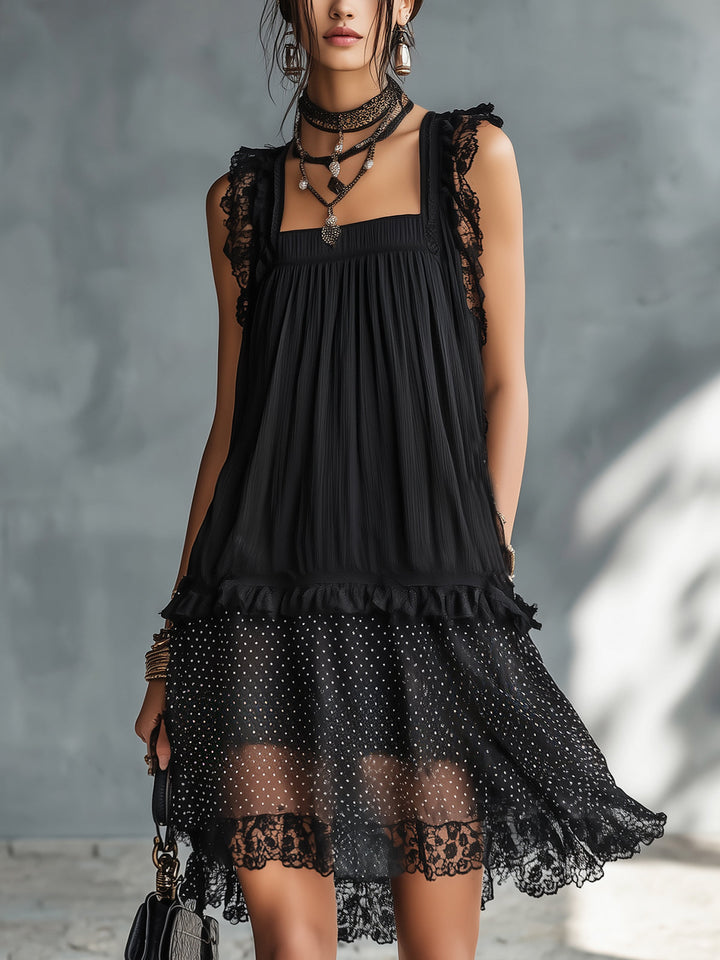 Ottilia | Black mini dress with a trapeze cut, square neckline, and lace finishes