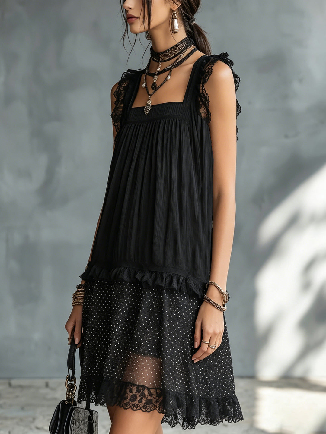 Ottilia | Black mini dress with a trapeze cut, square neckline, and lace finishes