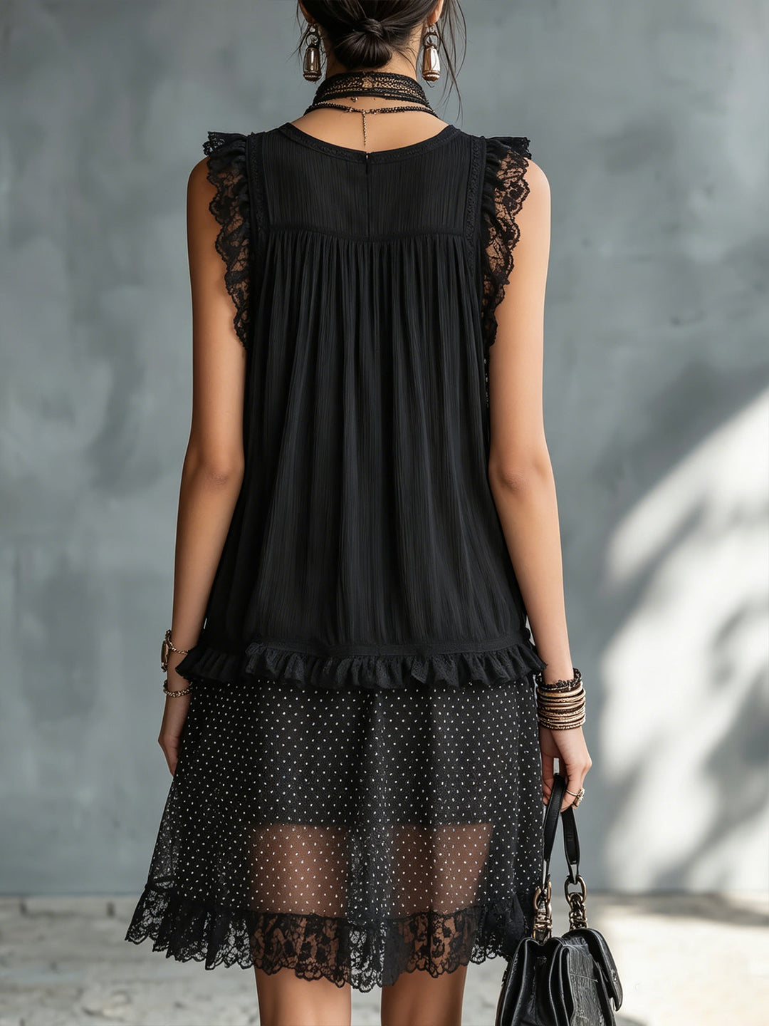 Ottilia | Black mini dress with a trapeze cut, square neckline, and lace finishes