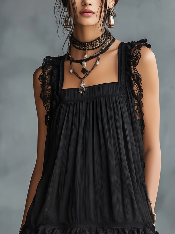 Ottilia | Black mini dress with a trapeze cut, square neckline, and lace finishes