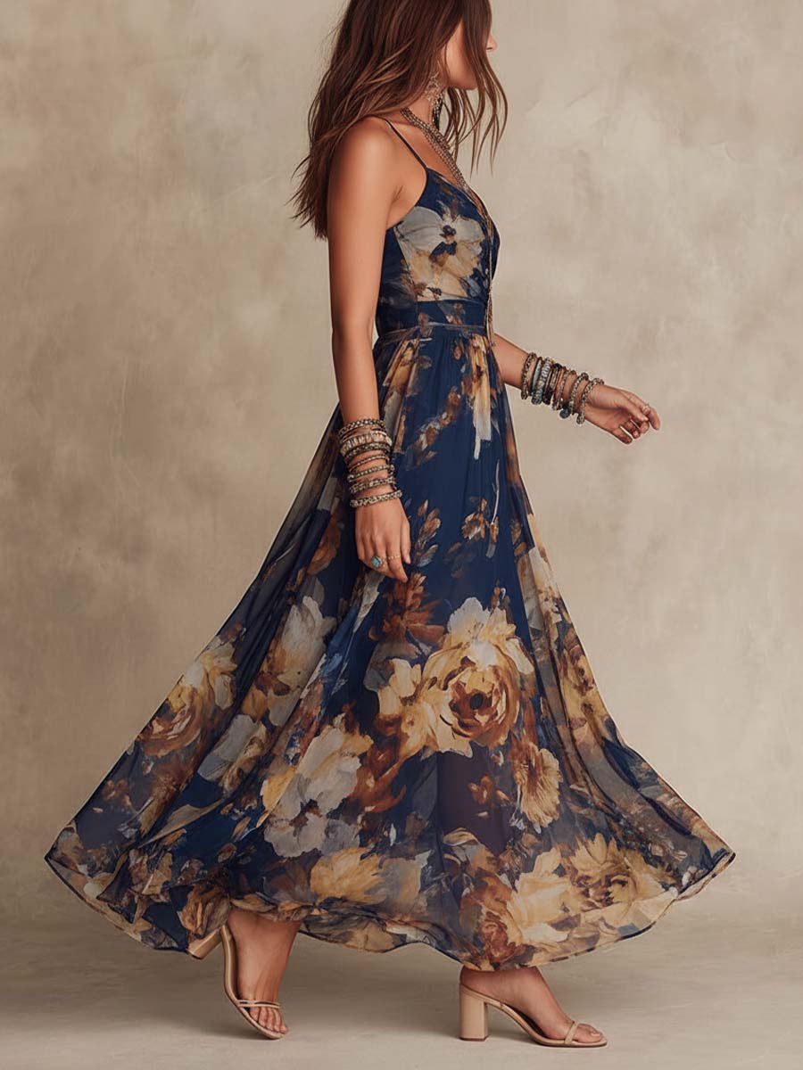 Navy floral maxi dress, side view, spaghetti straps and swishy full skirt