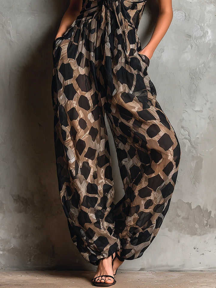 Zaira | Leopard Print Jumpsuit with V-Neck, Thin Straps and Waist Tie