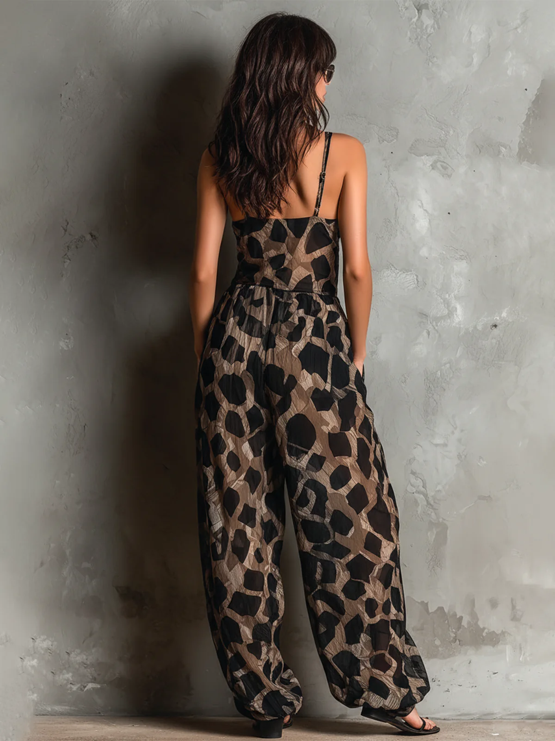 Zaira | Leopard Print Jumpsuit with V-Neck, Thin Straps and Waist Tie