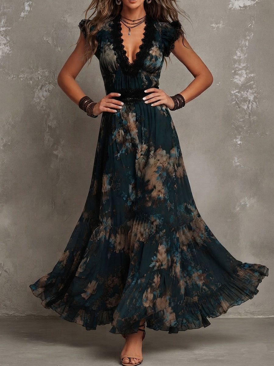 Gillian™ maxi dress with ruffled tier skirt and V-neck lace, dark teal floral pattern