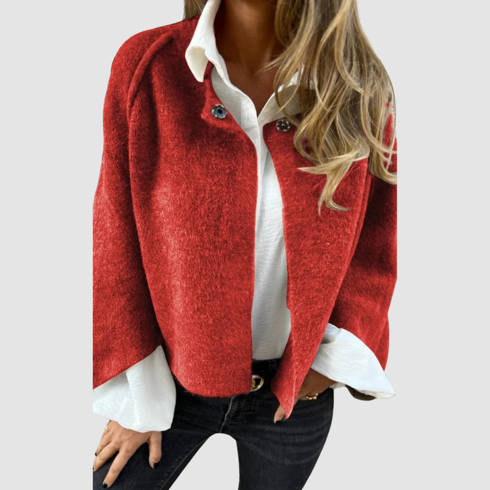 Red soft spring coat with button-front, long sleeves, notched lapel