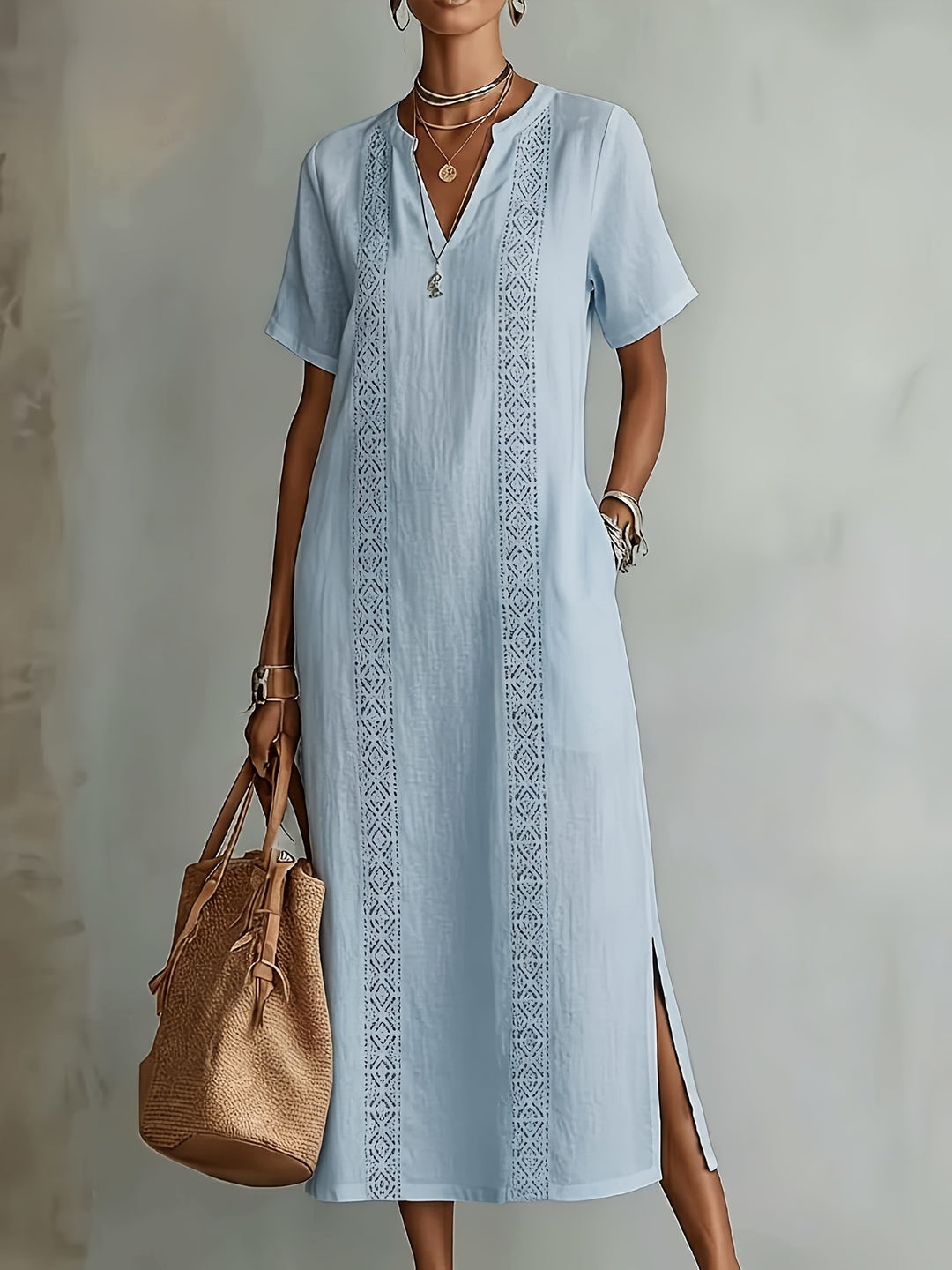 Elegant vintage lace dress for women with V-neck, loose fit, solid colour ZLLZ