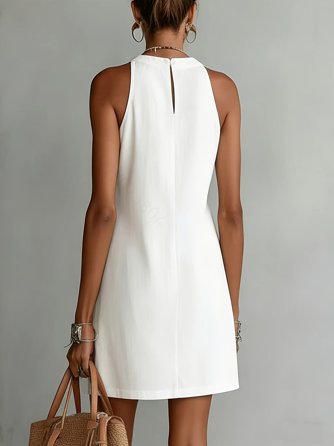 Ladies Plain Lace Patchwork Round Neck Sleeveless Split Dress [ZLLZ]