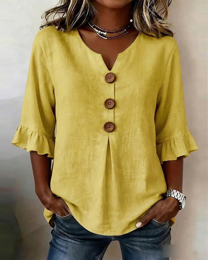 Sophia Solid Colour Blouse with Wooden Buttons and Ruffles