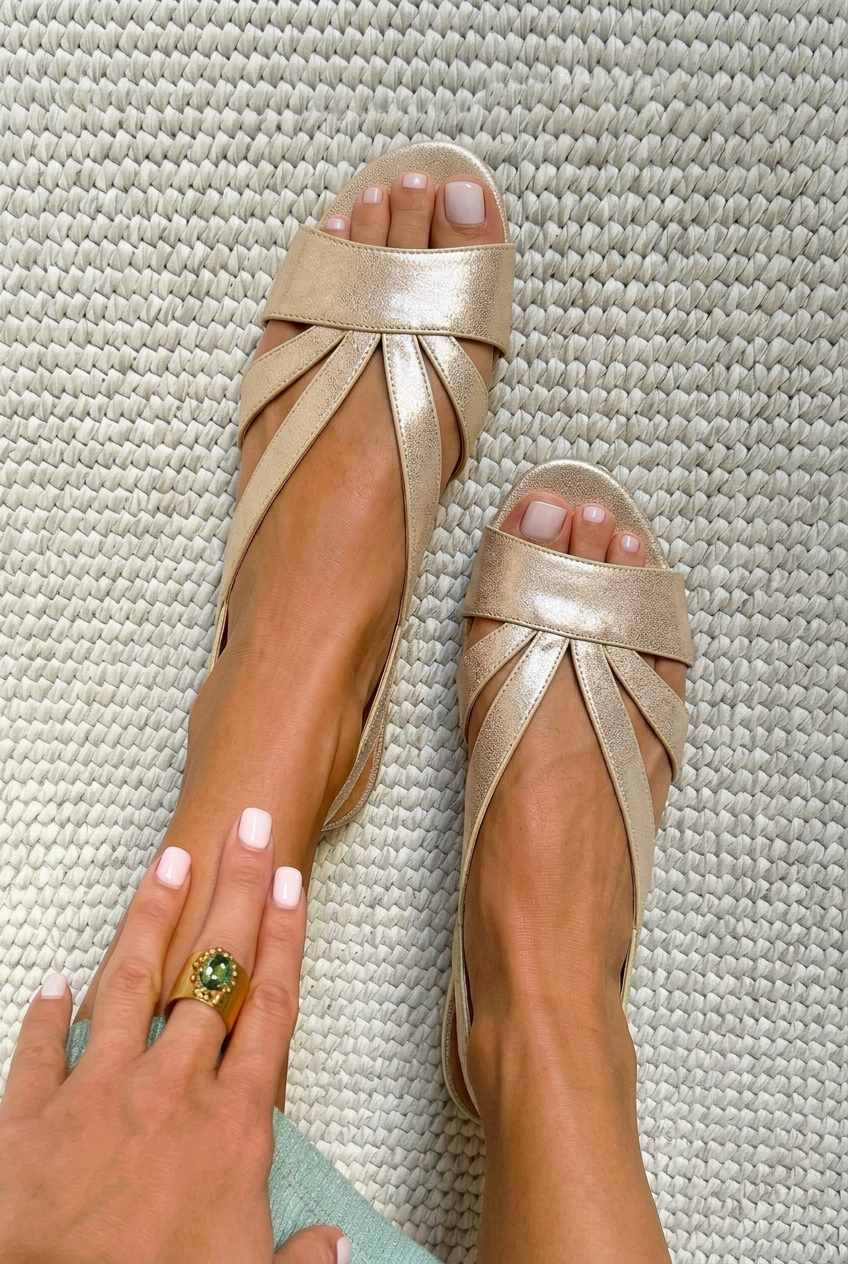 Metallic Slingback Low Open-Toe Sandals with Straps [Pre-Order]