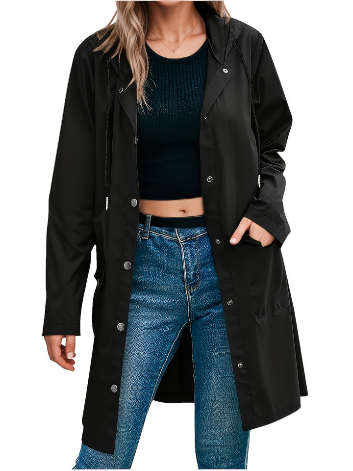Black hooded trench coat with snap front and long sleeves, knee-length hem