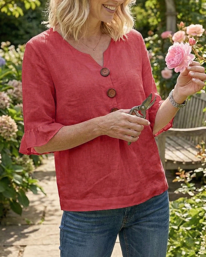 Sophia Solid Colour Blouse with Wooden Buttons and Ruffles